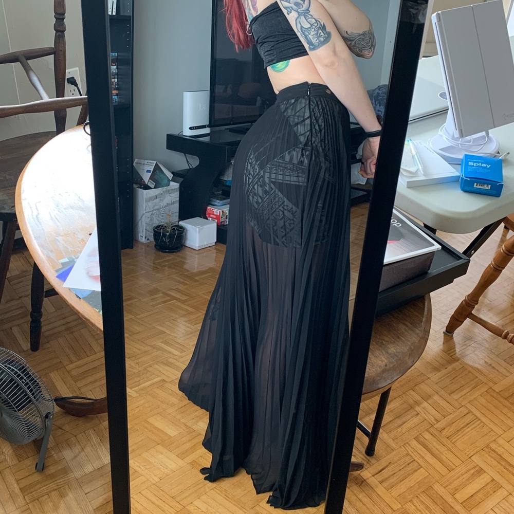 Guess: floor length skirt, see through overlay with geometric mini skirt.